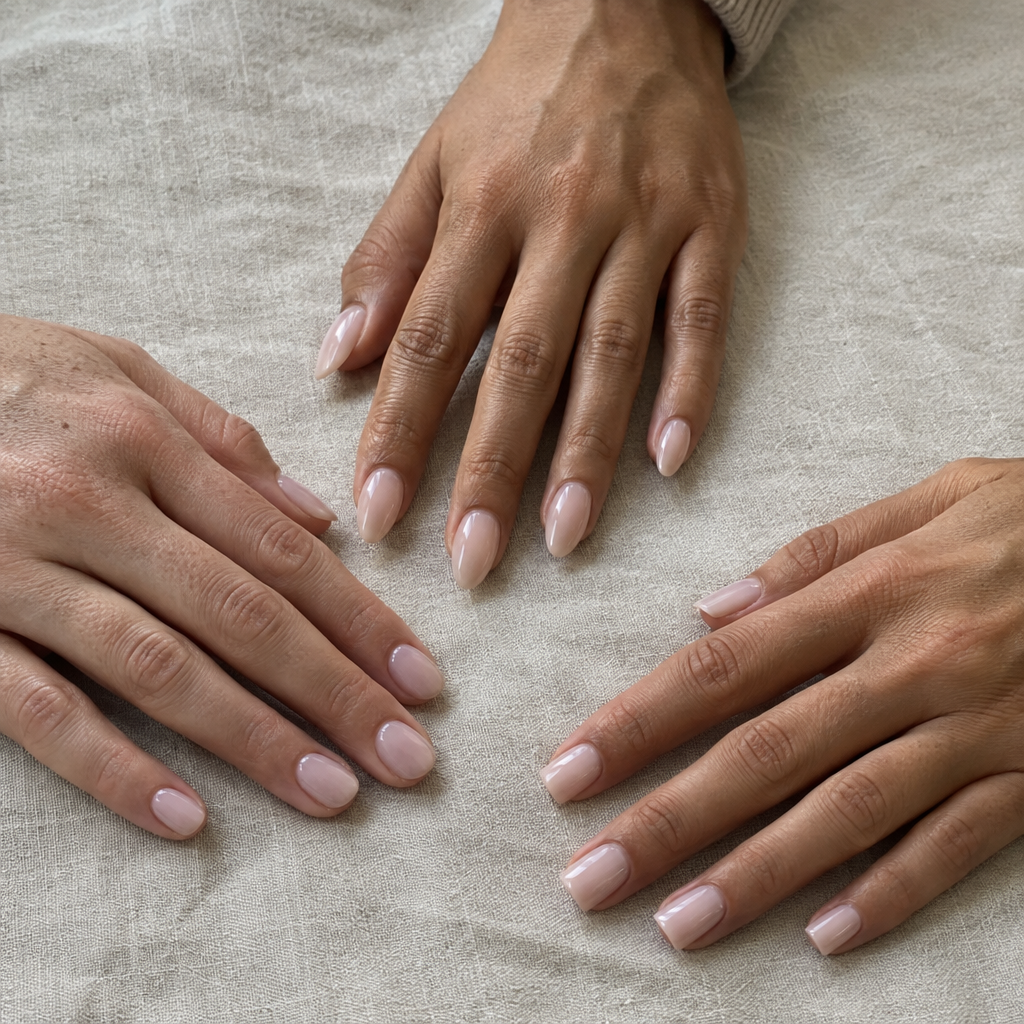 Three hands comparing blush almond, oval, and square nail shapes | Savvenart