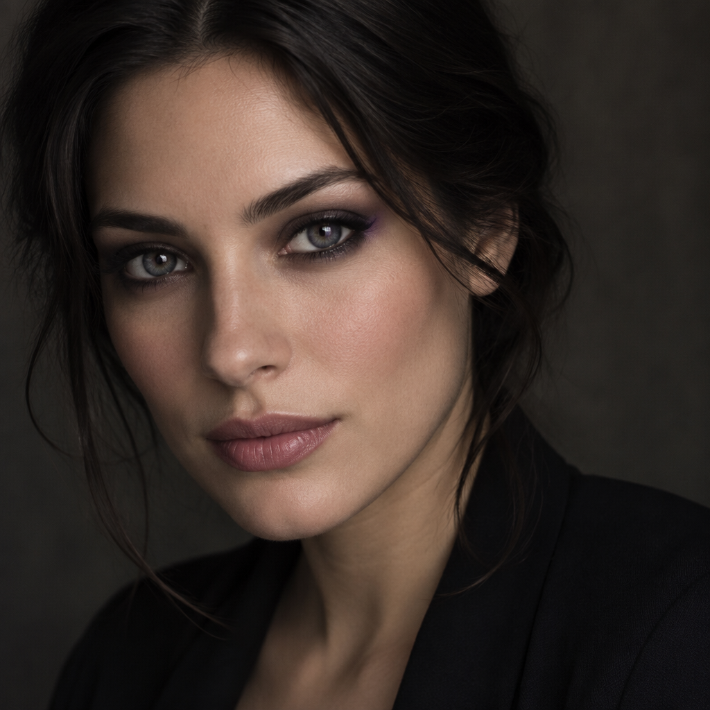 Woman with smoky eye makeup and gray eyes against a dark background | Savvenart