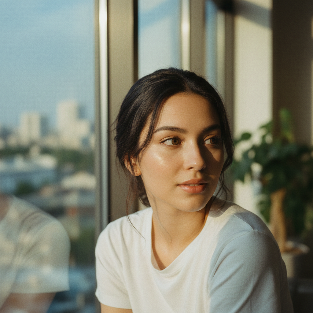 Woman with natural-looking colored contact lenses by a window – Savvenart realistic contacts guide