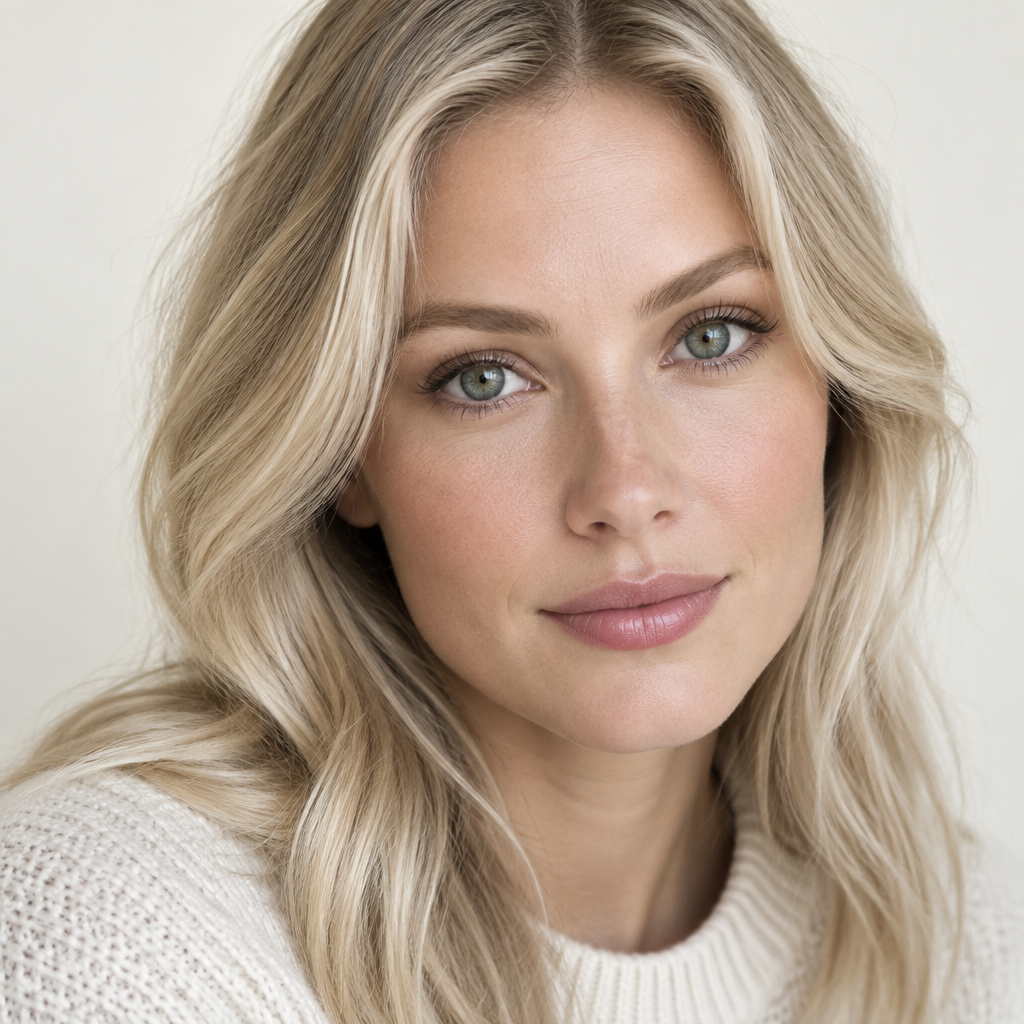 Blonde woman with soft gray-green eyes in natural light | Savvenart