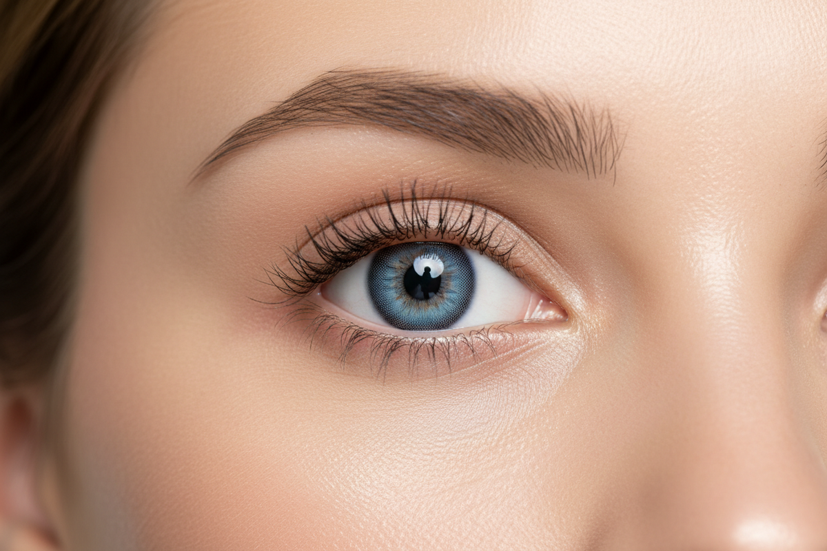 Woman wearing blue contact lenses - minimalist Western beauty style
