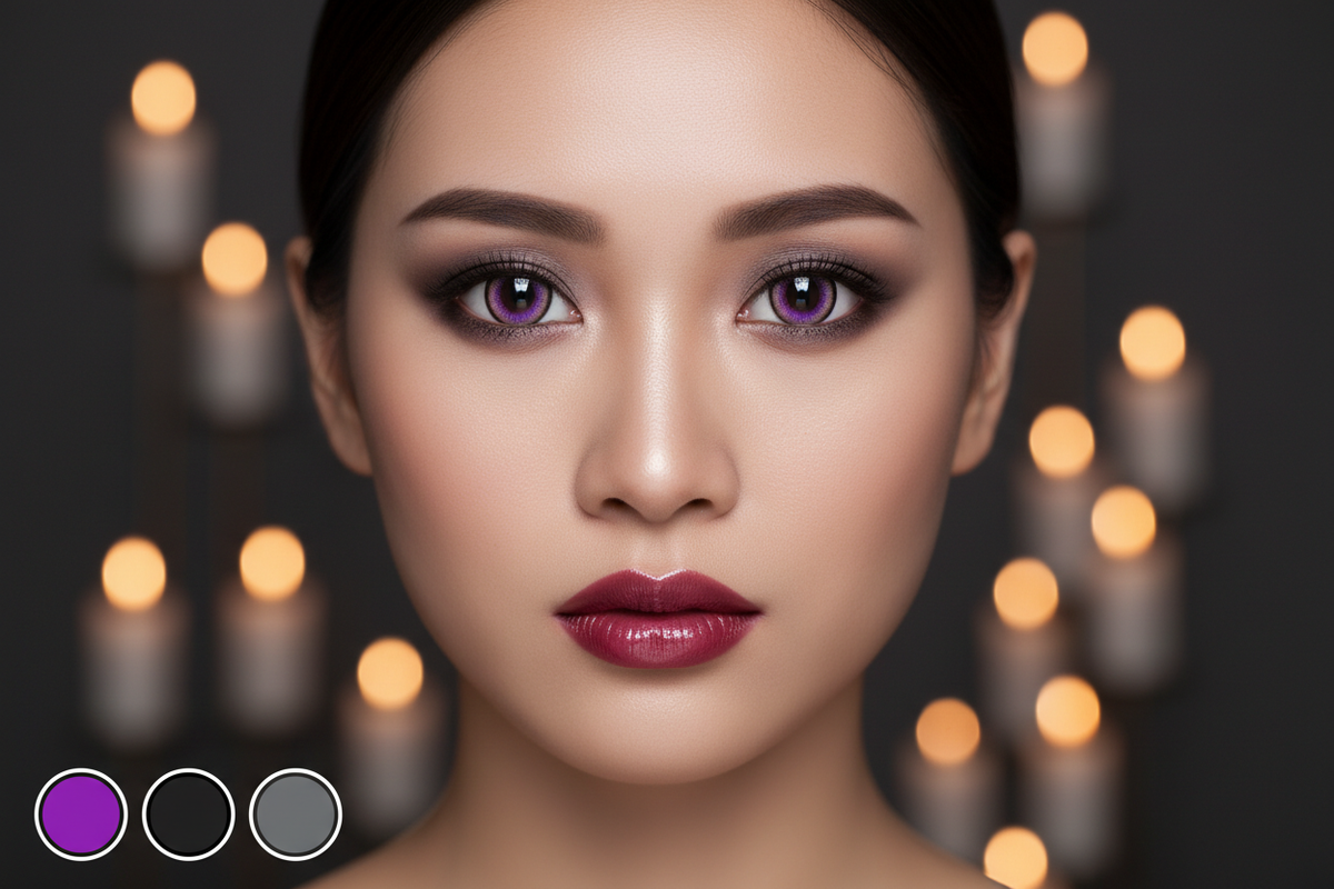 Halloween contacts that show up on dark eyes 2026 — violet purple black gray colored contacts comparison