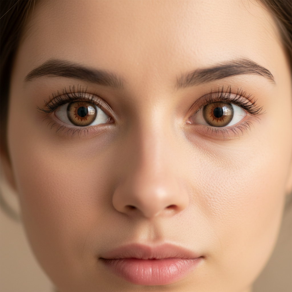 Young woman wearing natural hazel colored contact lenses, close-up portrait