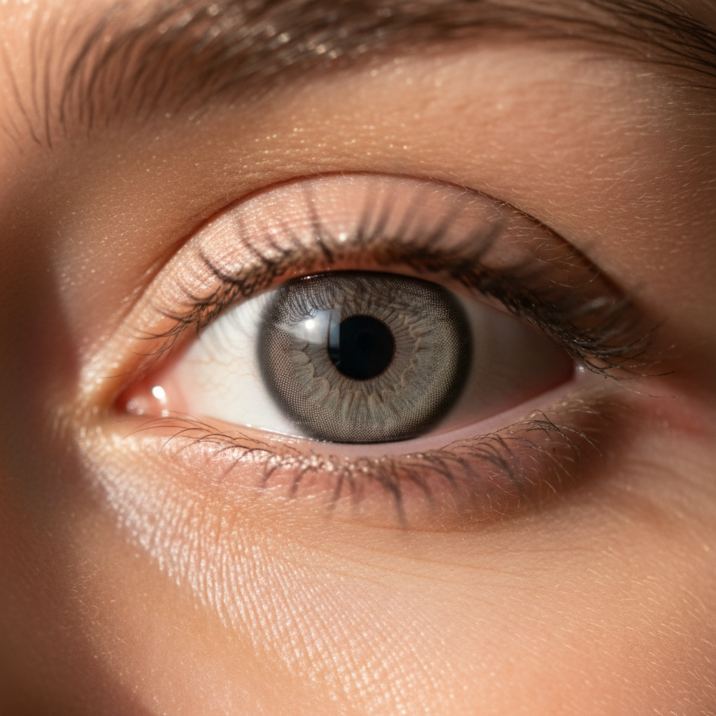 Realistic gray colored contact lens close-up – Savvenart contact lens size guide DIA 14.2mm BC 8.6mm