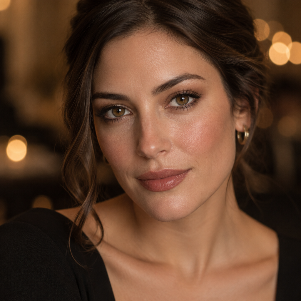 Woman with warm brown eyes and subtle party makeup under soft lights | Savvenart