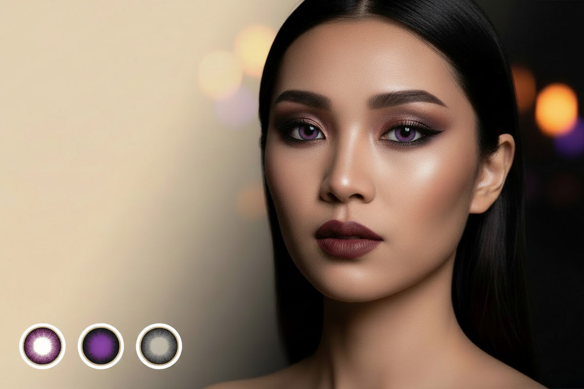 How to match colored contacts with Halloween eye makeup 2026 — violet purple lens smoky eye guide